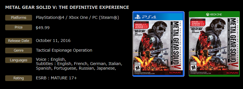 Konami kündigte die Metal Gear Solid V: The Definitive Experience Edition auch für Xbox One an