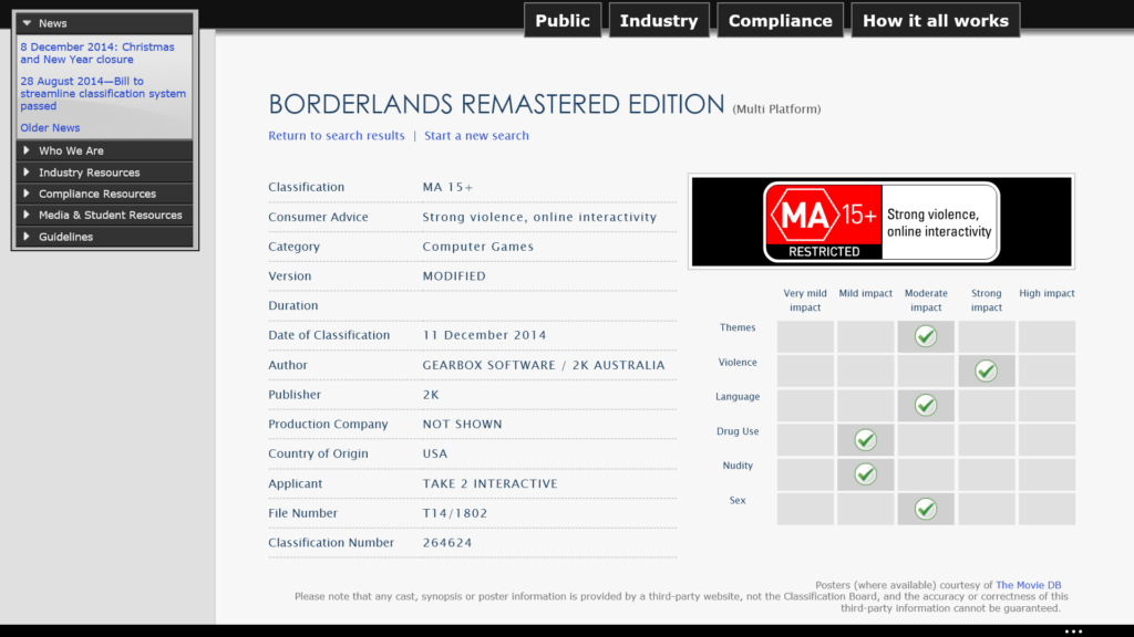 Eintrag im ARB zur Borderlands Remastered Edition