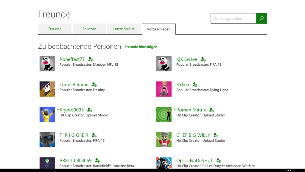 Vorgeschlagene Freunde auf Xbox.com