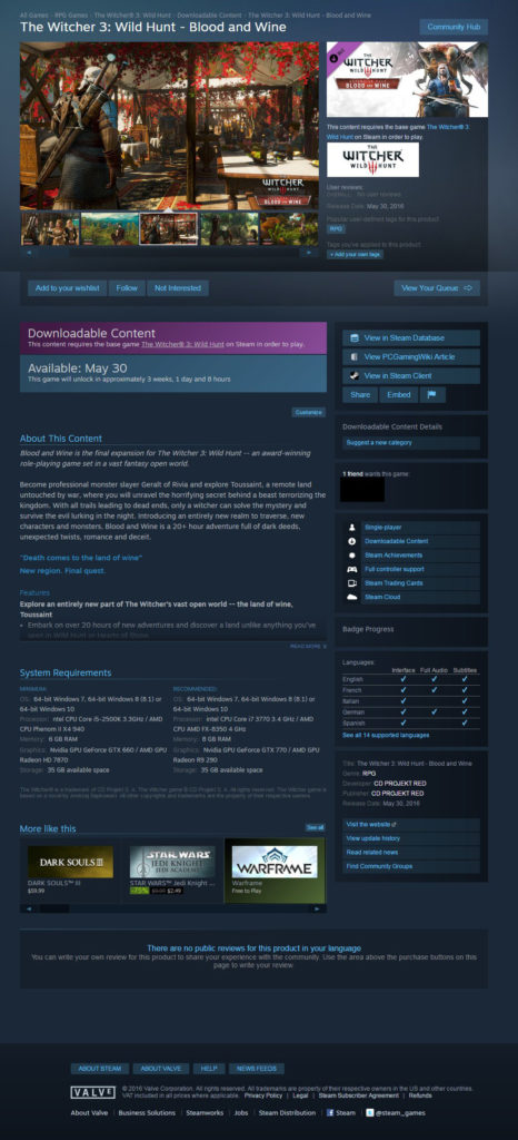 Witcher 3: Wild Hunt - Blood Wine DLC auf Steam