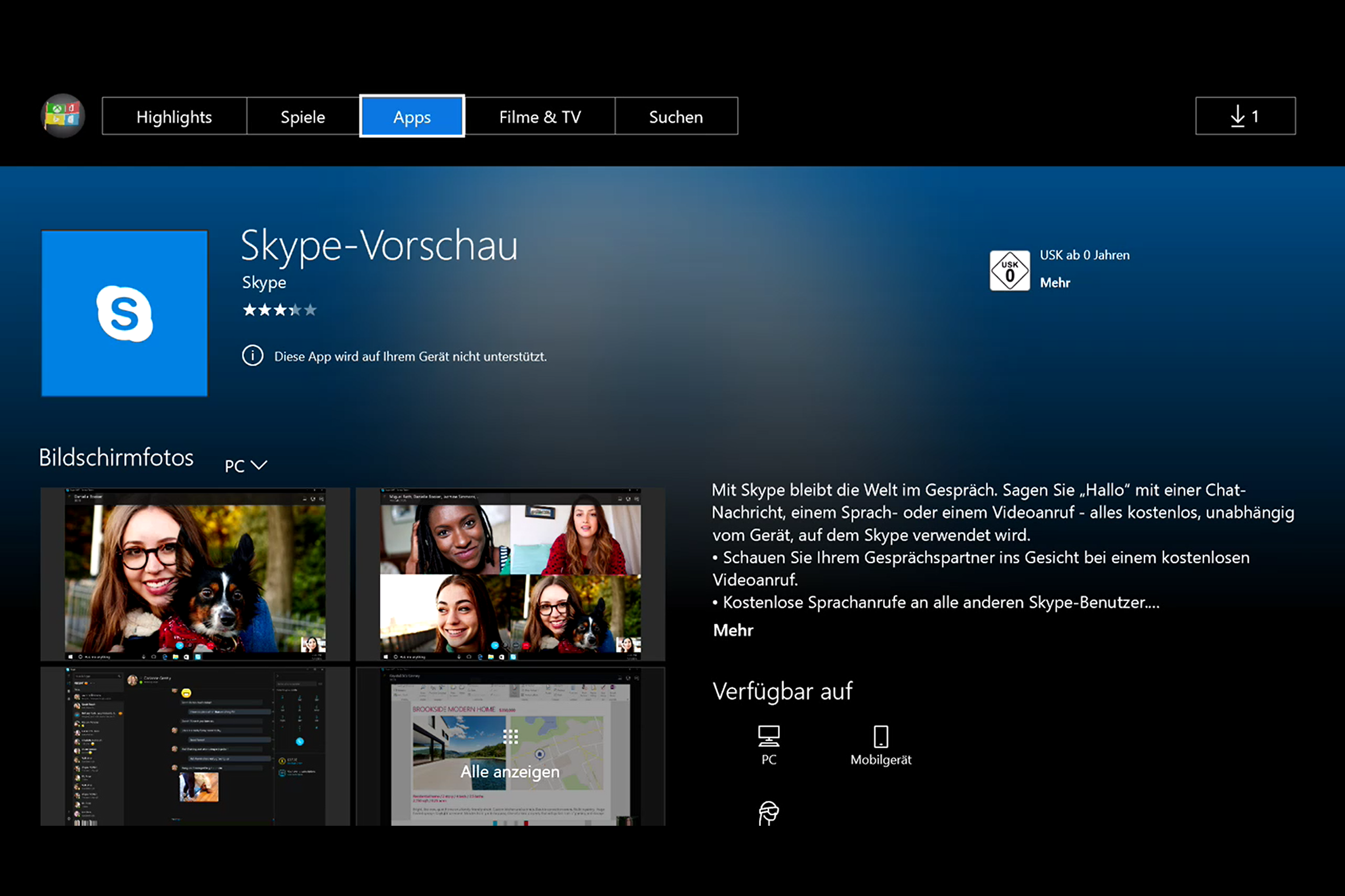 Xbox One Universal App Skype-Vorschau